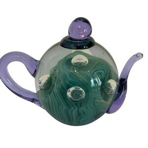 Dynasty Gallery Art Glass Teapot Paperweight Green Swirl Purple Princess Girl
